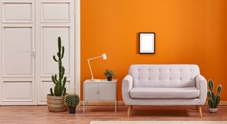 Living room setting painted with bright orange paintight orag