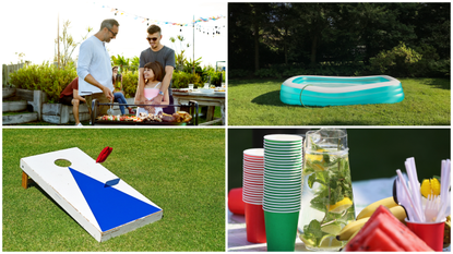 A collage of four images: A summer backyard barbecue; an inflatable pool in a backyard; a cornhole board; a summer picnic table with a pitcher of lemonade.