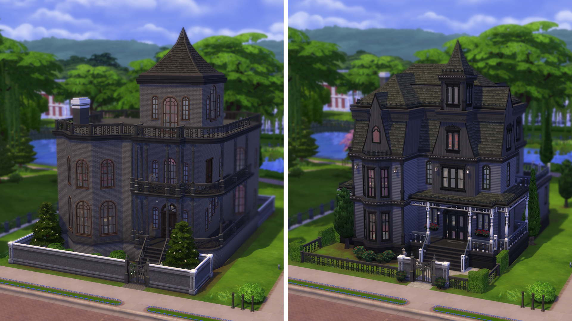 Behind The Sims - Sims 4 townie home redesigns of the Goth Mansion side by side with the old version