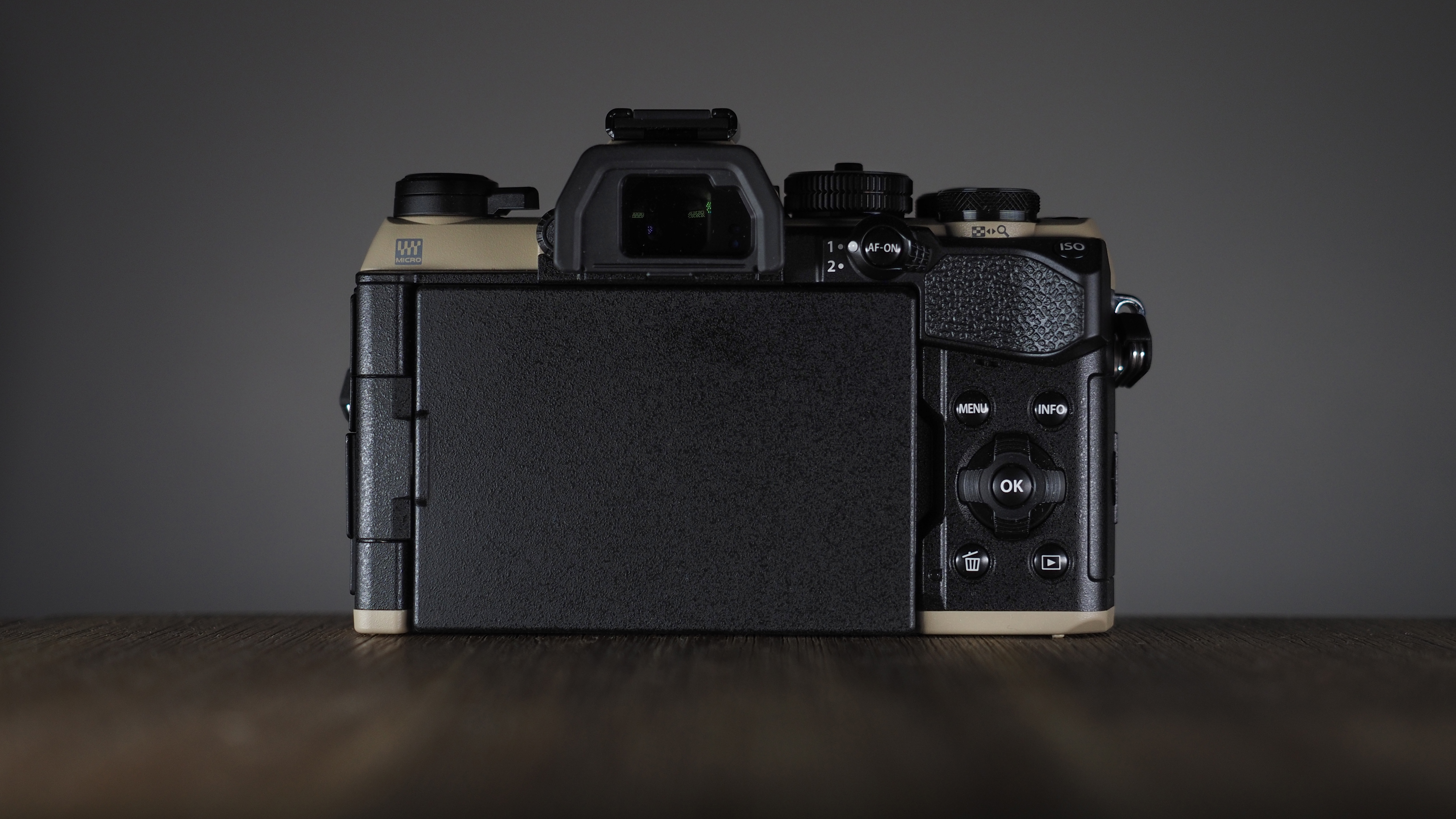 OM System OM-5 Mark II on a wooden surface with an Olympus M.Zuiko 12-45mm lens