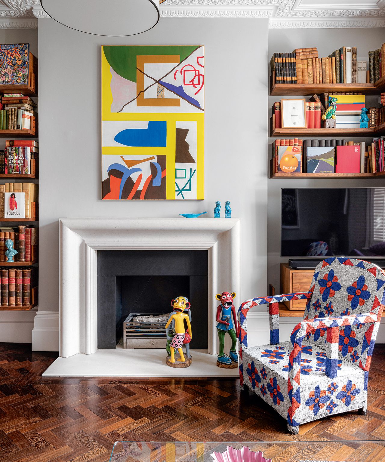 Colorful living room with alcove shelves