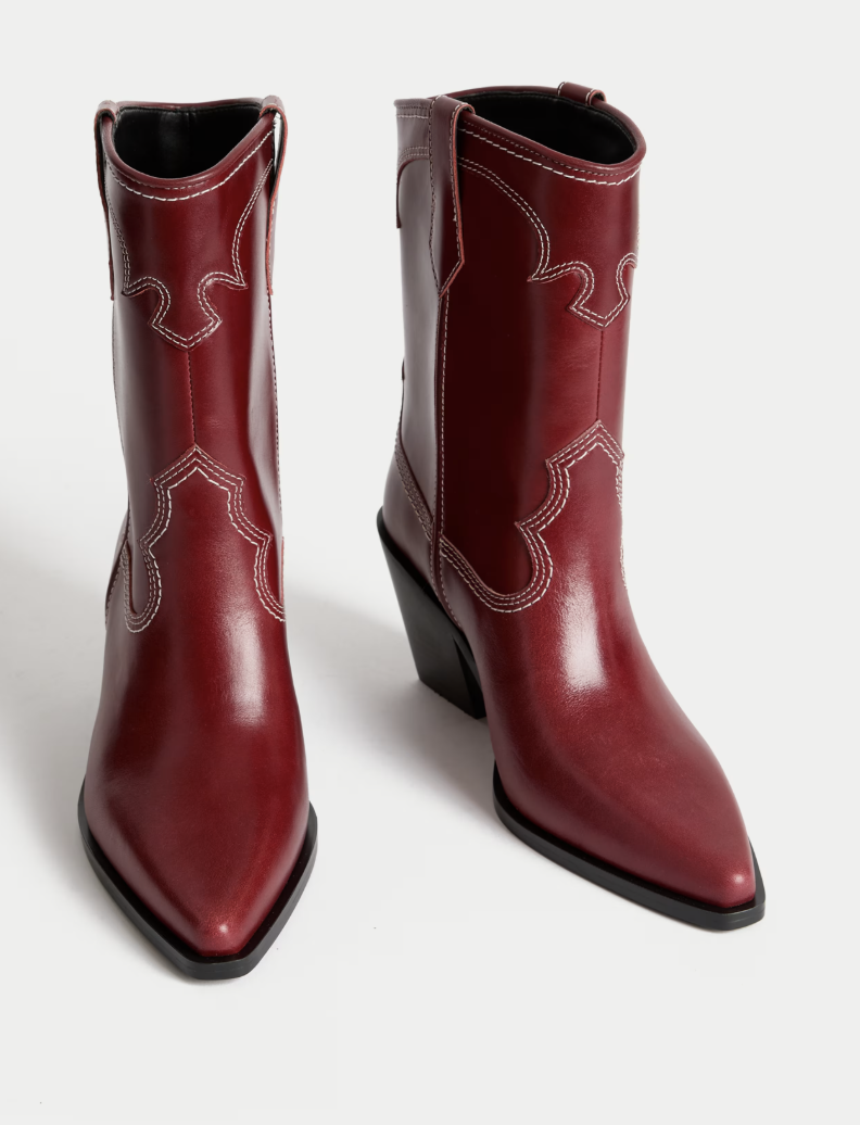 Leather Cowboy Block Heel Ankle Boots