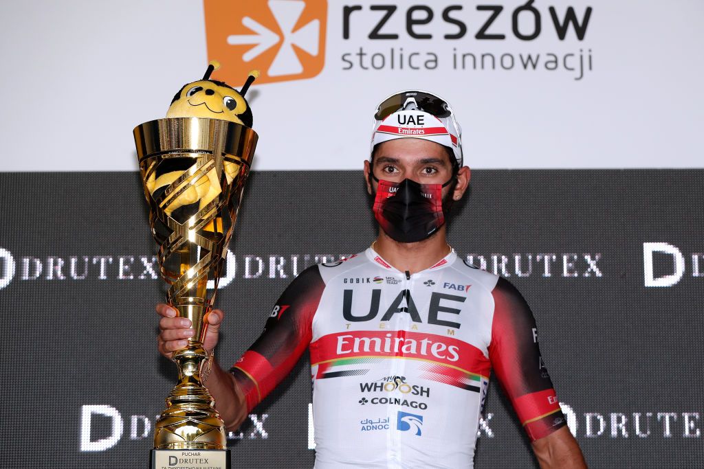 RZESZOW POLAND AUGUST 11 Fernando Gaviria Rendon of Colombia and UAE Team Emirates celebrates at podium as stage winner during the 78th Tour de Pologne 2021 Stage 3 a 226km stage from Sanok to Rzeszw TourdePologne TDP2021 UCIWT on August 11 2021 in Rzeszow Poland Photo by Bas CzerwinskiGetty Images