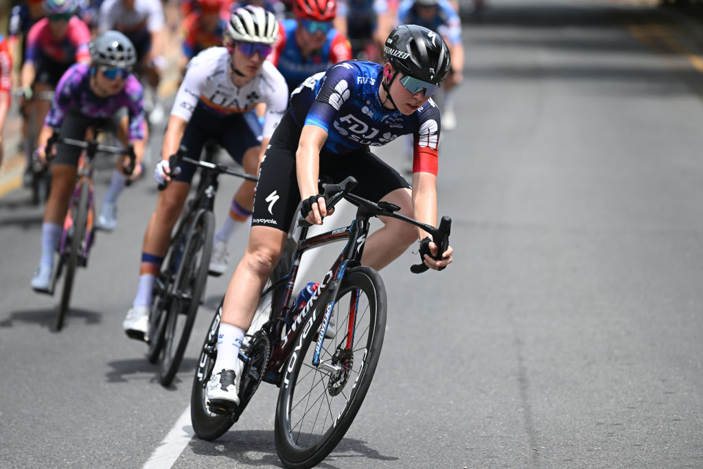 STIRLING, AUSTRALIA - JANUARY 19: Marie Le Net of France and Team FDJ-Suez competes during the 9th Santos Women&#039;s Tour Down Under 2025, Stage 3 a 105.9km stage from Stirling to Stirling 444m / #UCIWWT / on January 19, 2025 in Stirling, Australia. (Photo by Dario Belingheri/Getty Images)