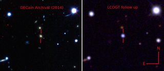 The supernova ASAS-SN15lh brightened its host galaxy considerably: here, a 2014 false-color view of the galaxy from the Dark Energy Camera in Chile and one from the Las Cumbres Observatory Global Telescope Network in 2015, after the supernova's peak.