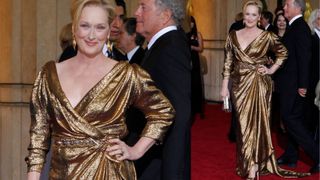 Meryl Streep in a gold lamé dress by Lanvin on the Oscars red carpet