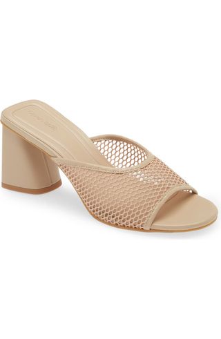 Beige Mesh Sandals With Block Heels