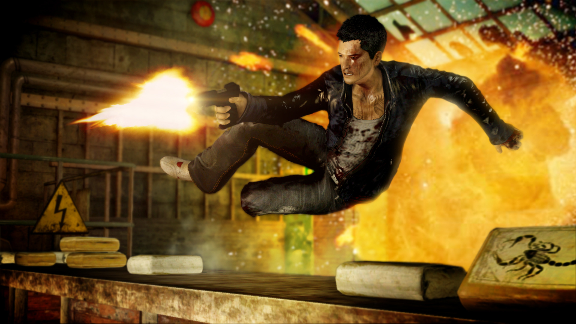 Sleeping Dogs protagonist Wei Shen vaulting over a counter while firing a gun