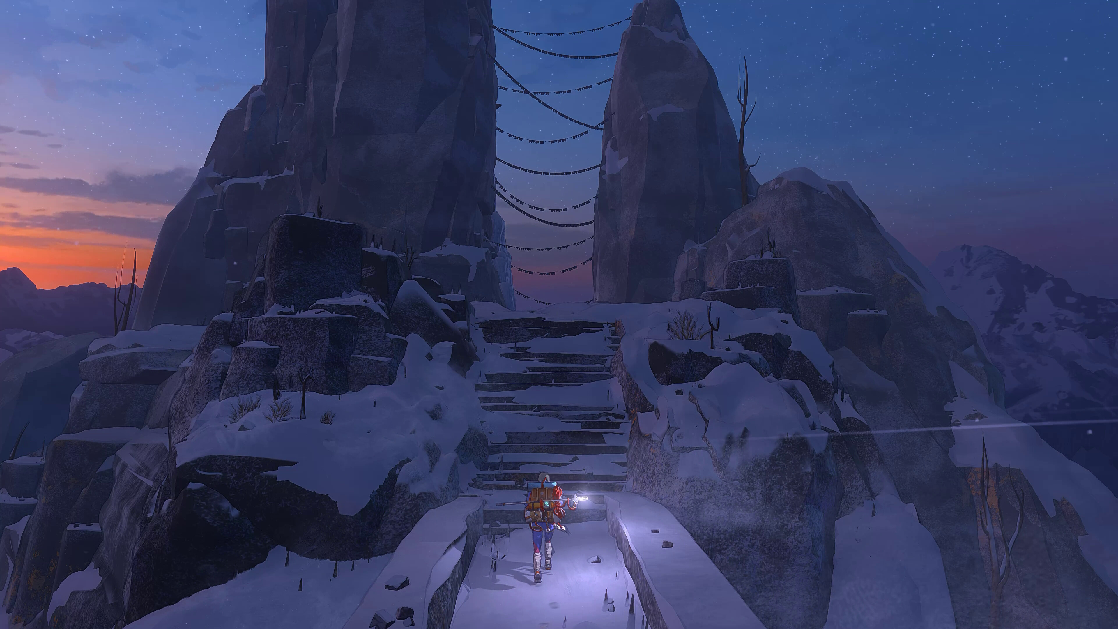 A screenshot from the climbing game Cairn showing the player character, mountains, and gear