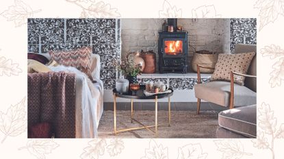 Living room with log burner and sofa draped with throws and textured cushions to demonstrate how to make a home cozy for winter