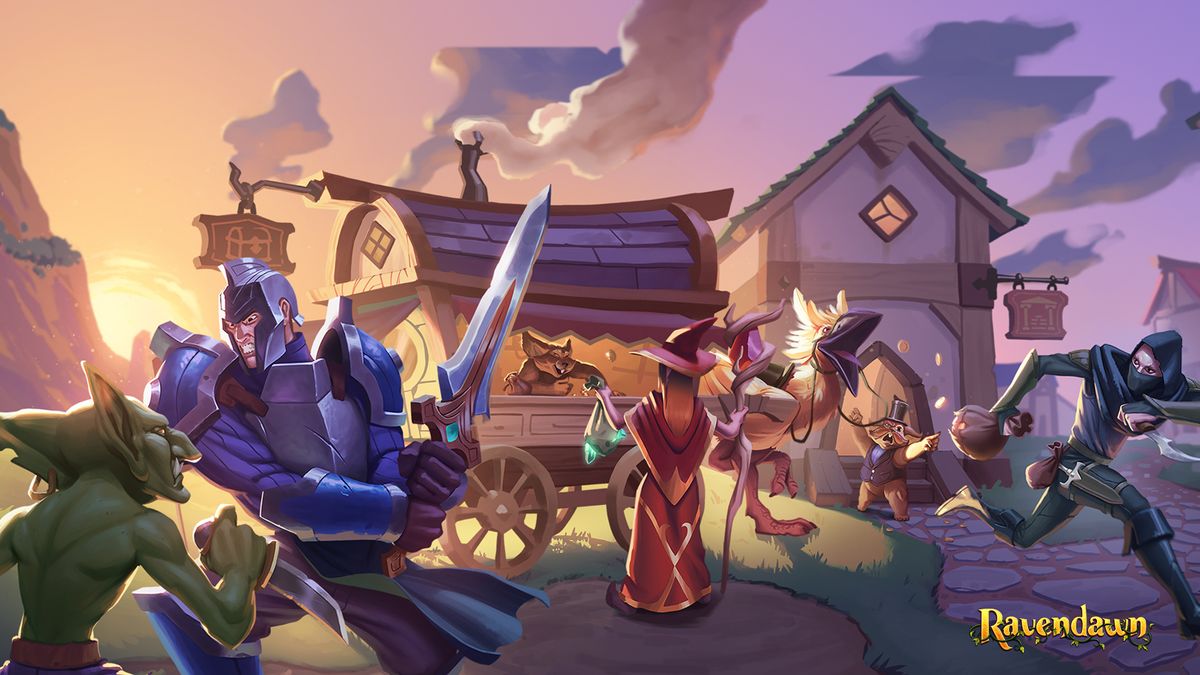 A warrior fights goblins while a village gets robbed in the background in key art for Ravendawn. 