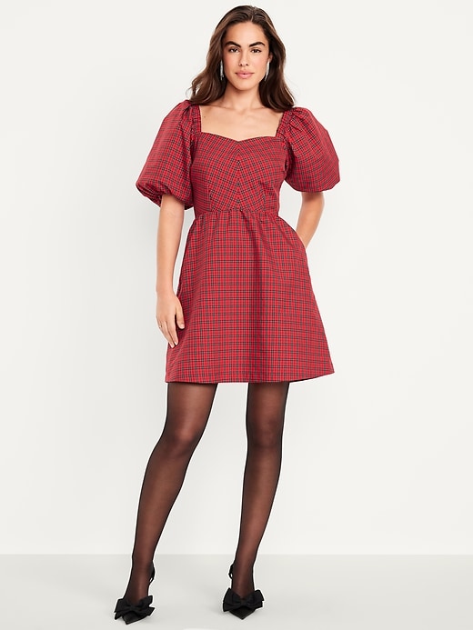 Puff-Sleeve Plaid Fit &amp;amp; Flare Taffeta Mini Dress