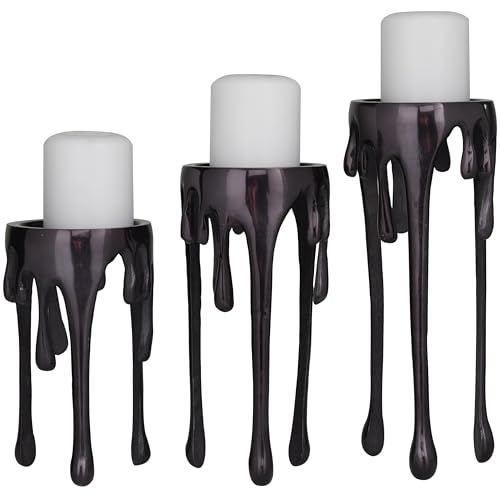 Cosmoliving by Cosmopolitan Aluminum Metal Decorative Candle Holder Pillar Candle Stand With Dripping Melting Designed Legs, Set of 3 Candlestick Holder 12&quot;, 10&quot;, 8&quot;h, Black