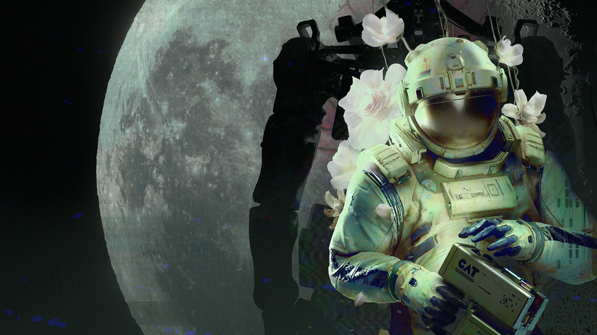 Key art for Routine showing an astronaut looking at a CAT scanner with a shadowy robot figure behind them, and the moon behind them both