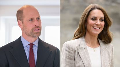 A composite of a picture of Prince William in Cornwall in 2026 and a picture of Kate Middleton in Italy in 2026