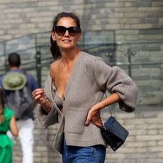 Katie Holmes wearing a Khaite cardigan