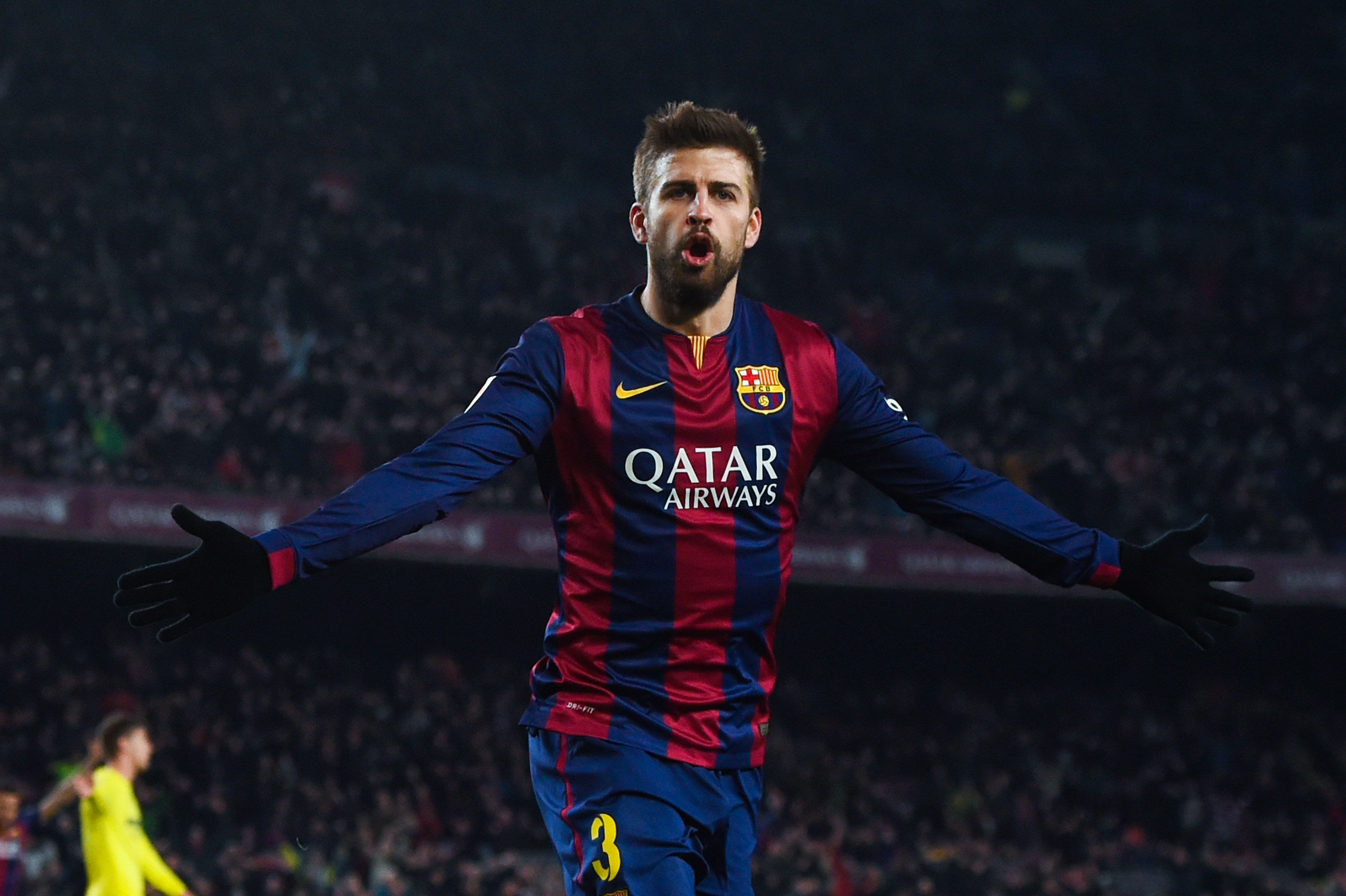 Gerard Pique celebrates after scoring for Barcelona against Villarreal in the Copa del Rey in February 2015.