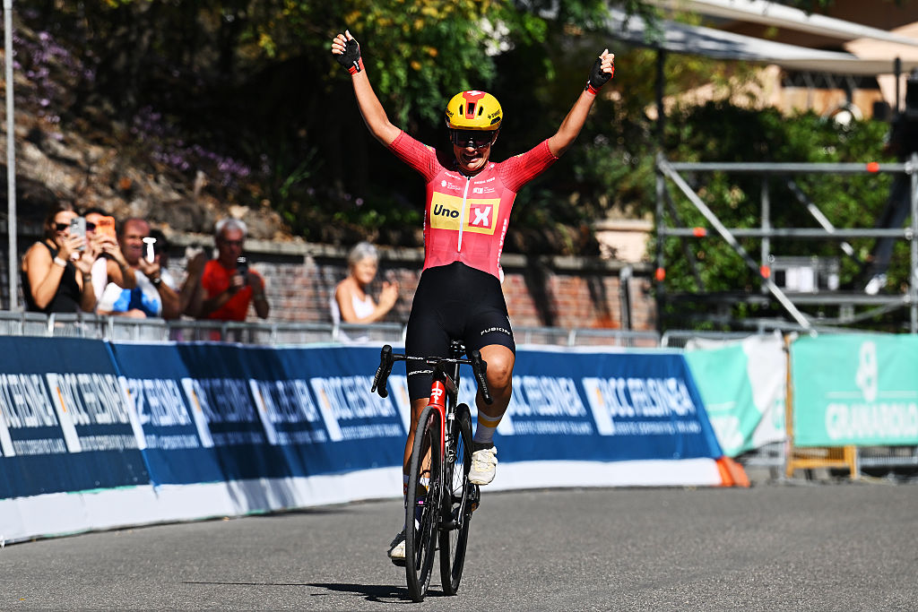 Alessia Vigilia (Uno-X Mobility) celebrates winning the 2026 Giro dell'Emilia Internazionale Donne Elite 2026 in Bologna, Italy. (Photo by Dario Belingheri/Getty Images)