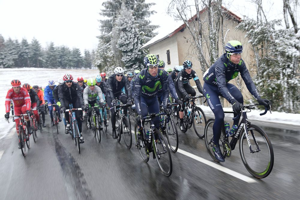 Pack rides under the snow during the third stage of the 74th edition of the Paris-Nice