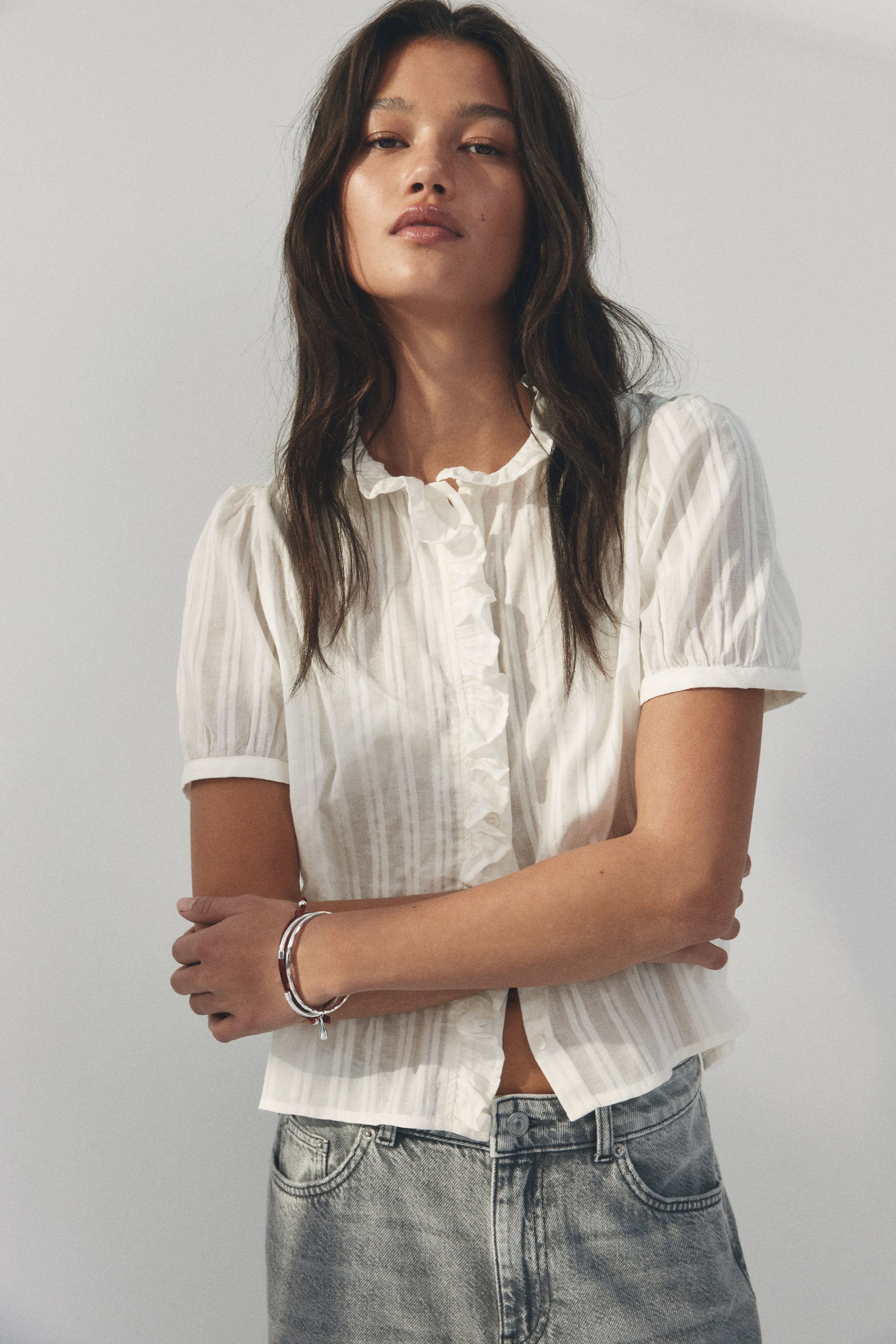 Ruffle-Trimmed Cotton Blouse
