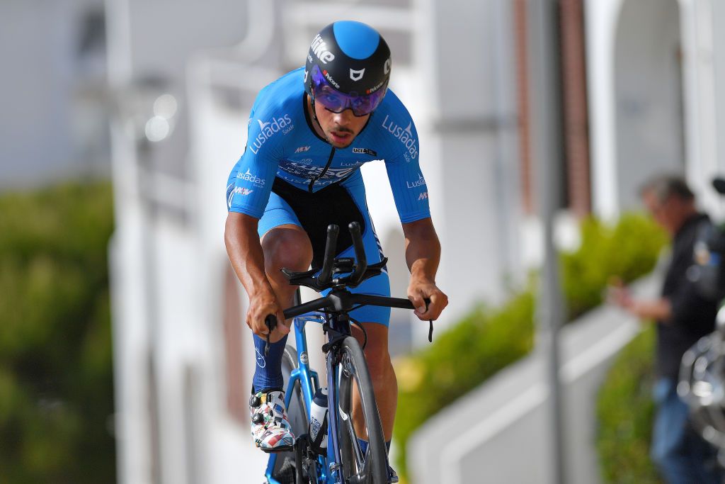 LAGOA PORTUGAL MAY 08 Joo Rodrigues of Portugal and Team W52Fc Porto blue mountain jersey during the 47th Volta Ao Algarve 2021 Stage 4 a 203km Individual Time Trial stage from Lagoa to Lagoa ITT VoltAlgarve VAlgarve2021 on May 08 2021 in Lagoa Portugal Photo by Luc ClaessenGetty Images