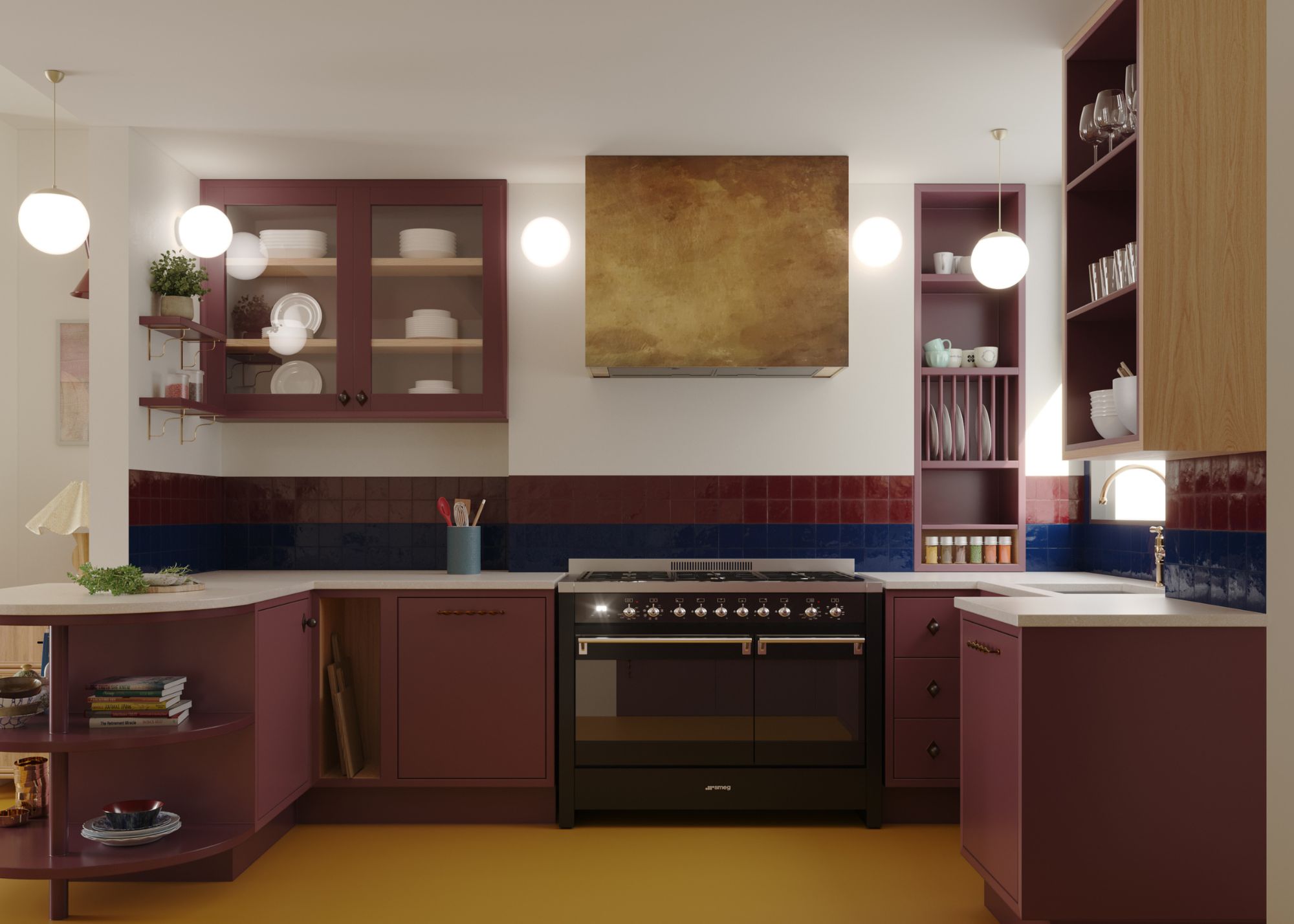 Modern kitchen in with dark red burgundy cabinets, white walls and yellow floor.