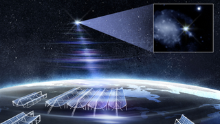 (Main) An illustration of CHIME/FRB and its Outriggers localizing FRB 20250316A (RBFLOAT) (Inset) RBFLOAT's host galaxy NGC 4141 as seen by MMT Observatory.