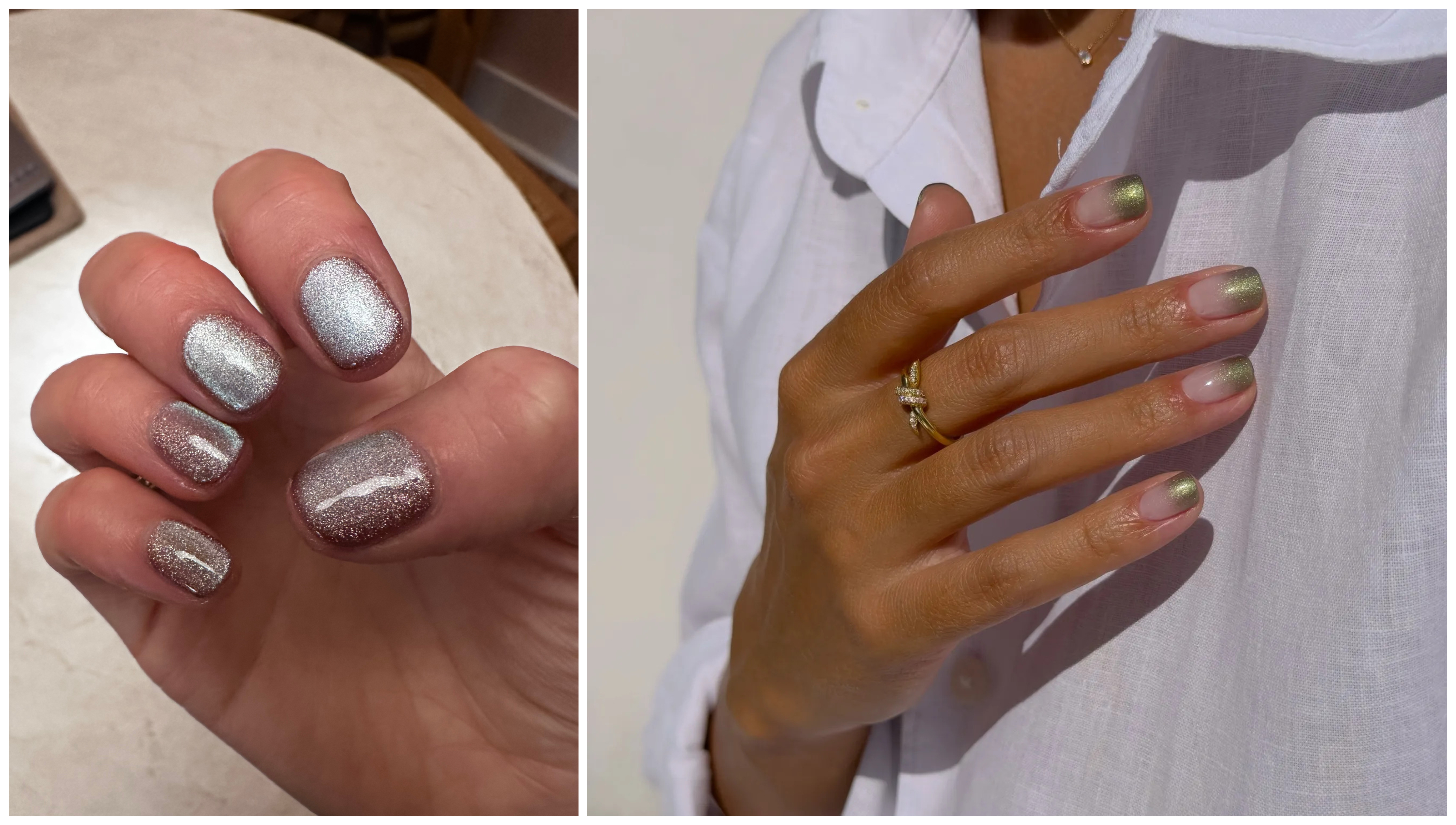 a side by side of two manicures, the left being a silver shimmer metallic, and the right being a green and gold gradient manicure