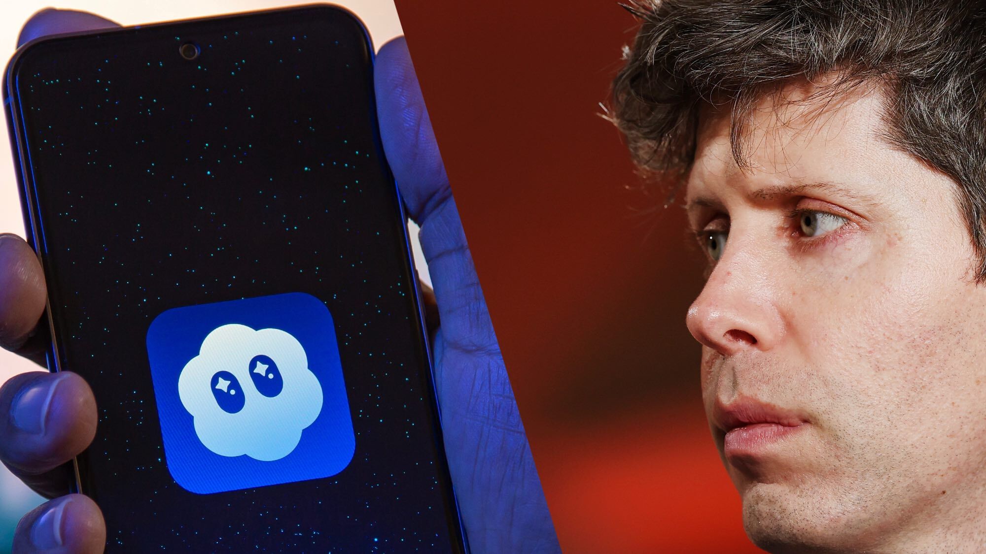 Sam Altman looking at the the Sora app icon