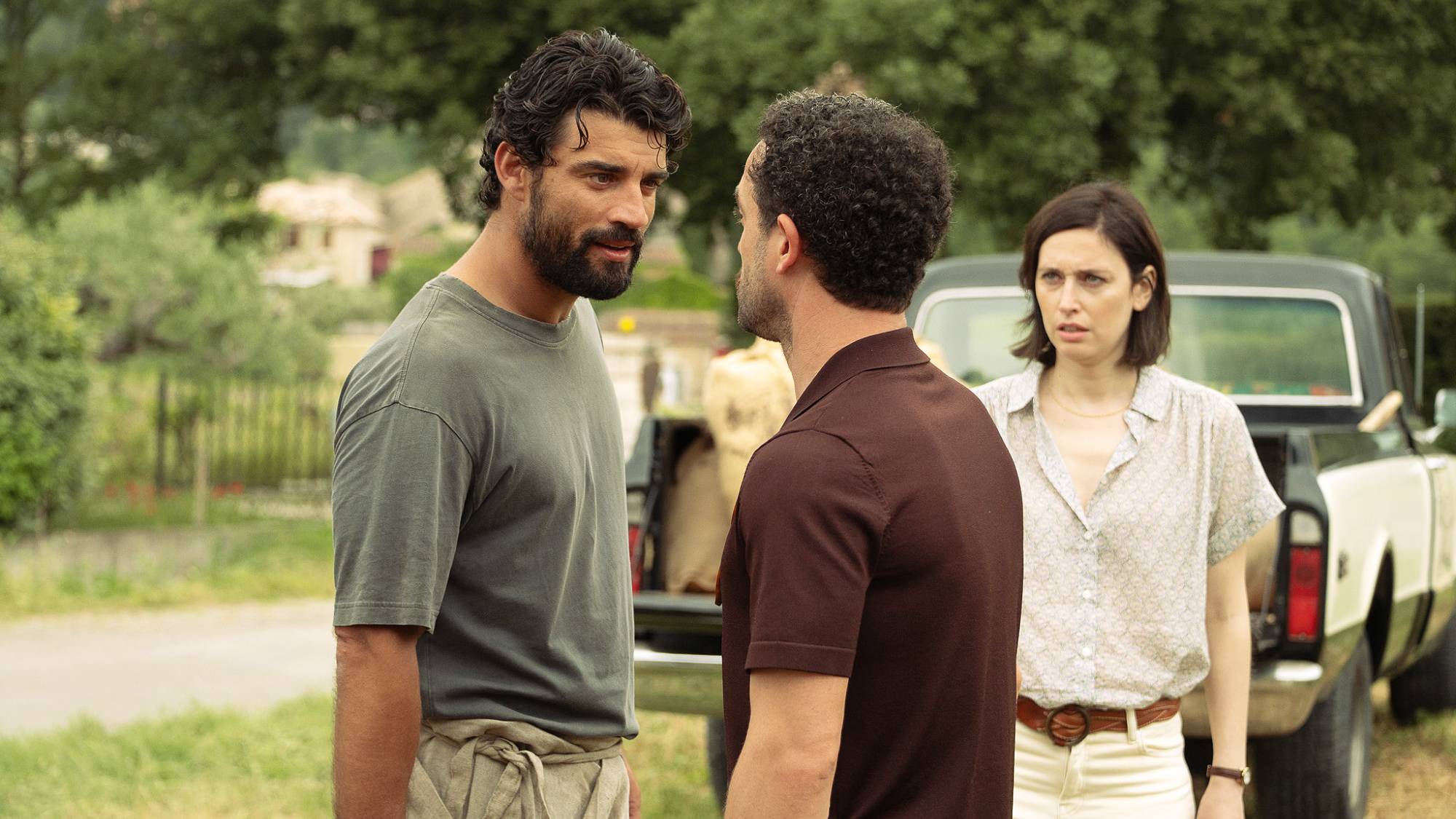 Simon Ehrlacher, Guillaume Gouix, and Louise Coldefy in "Under a Dark Sun" on Netflix