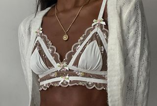 A woman wearing a white bralette with sheer lace styled with a gold chain and white cardigan.