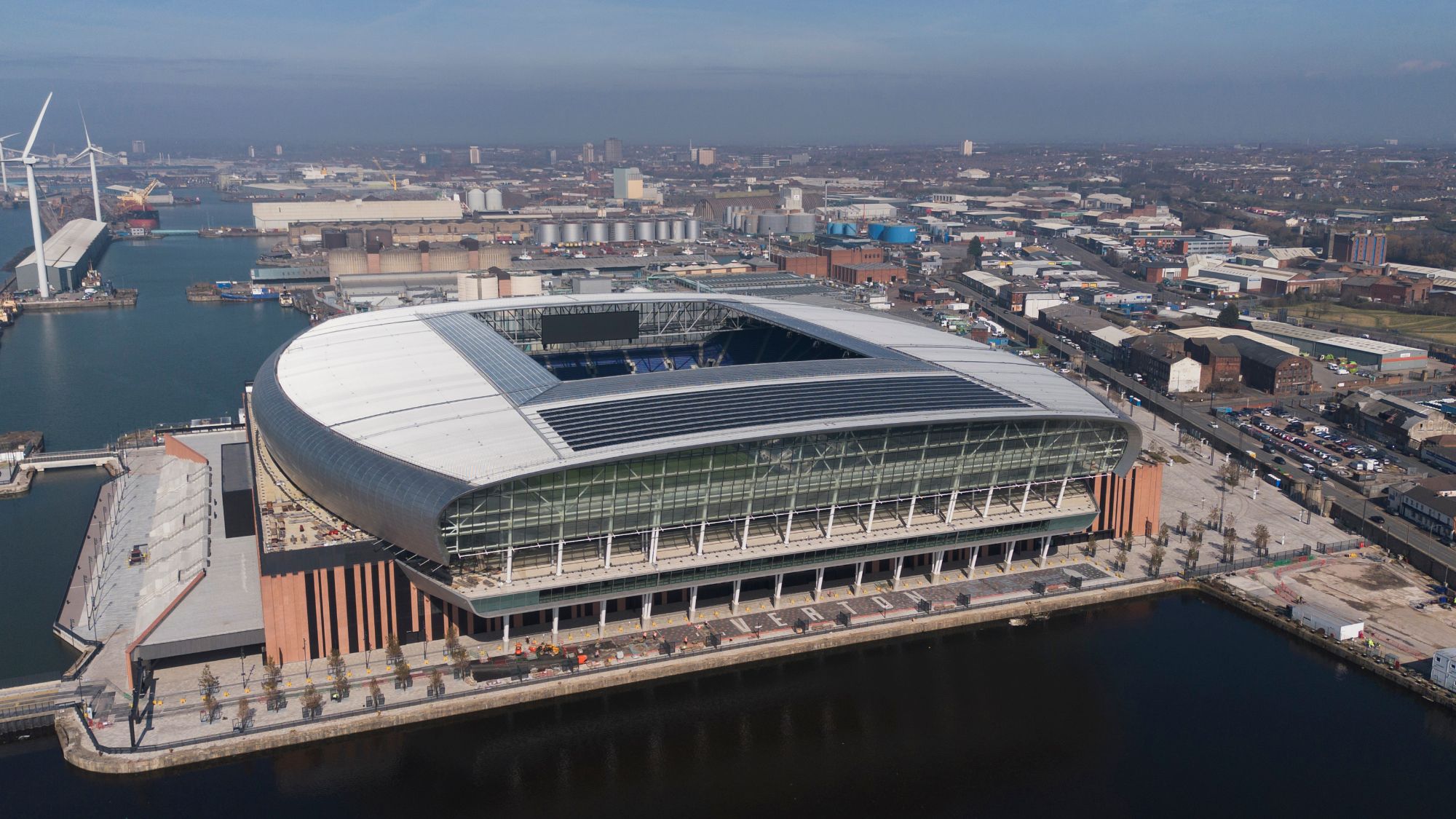 Aerial view of Everton FC's new stadium at Bramley Moore Dock