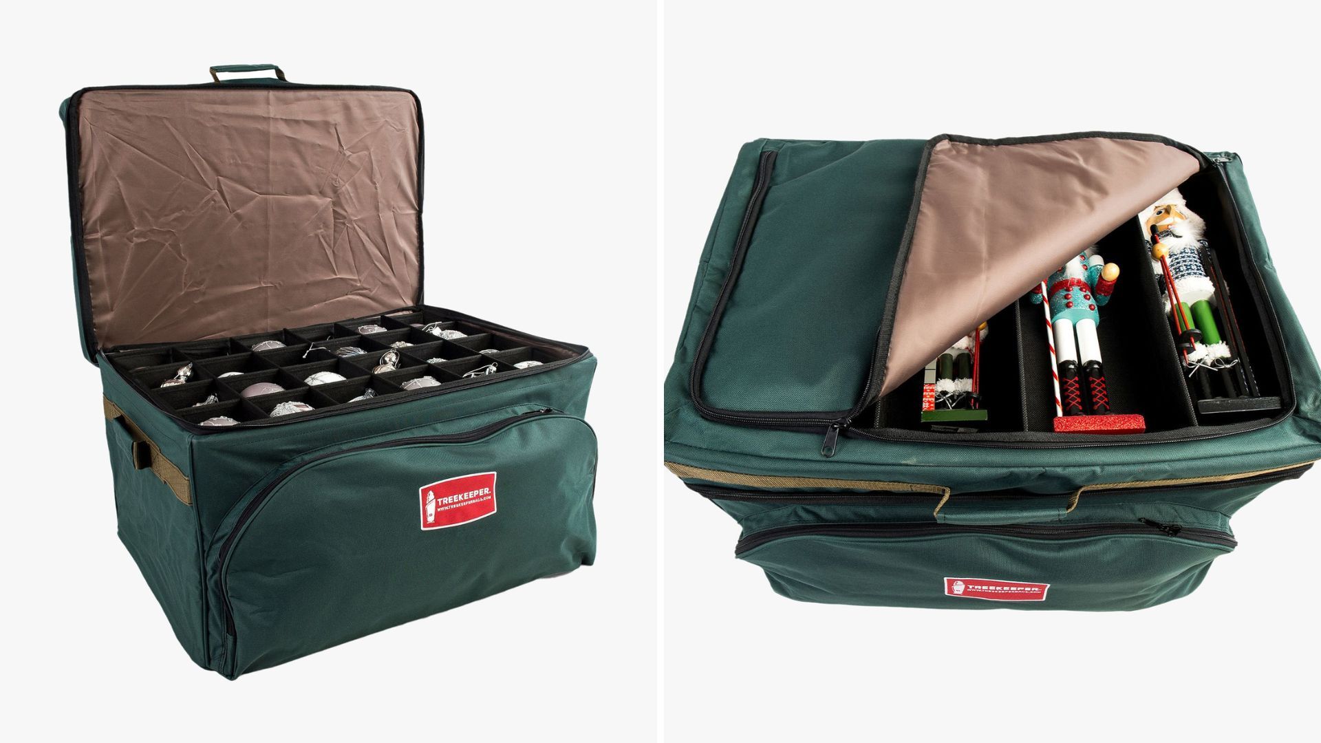 A side-by-side collage of an opened green storage bag with dividers filled with ornaments on the right side and an overhead view of the same green storage bag half-way open with nutcracker men laying in between adjustable dividers, for the best ornament storage containers.
