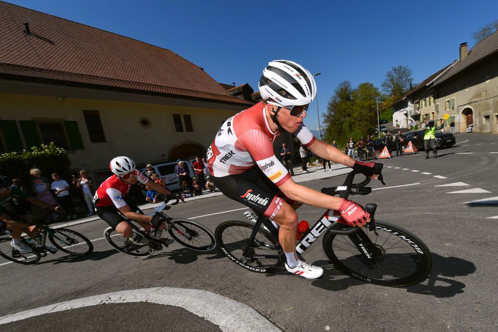 OULENSSOUSECHALLENS SWITZERLAND APRIL 28 LR Nils Brun of Switzerland and Team Switzerland and Toms Skujins of Latvia and Team Trek Segafredo compete in the breakaway during the 75th Tour De Romandie 2022 Stage 2 a 1682km stage from challens to challens TDR2022 on April 28 2022 in OulenssousEchallens Switzerland Photo by Dario BelingheriGetty Images