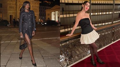 A collage of a woman wearing a black tweed jacket and matching skirt and another woman wearing a black strapless minidress.