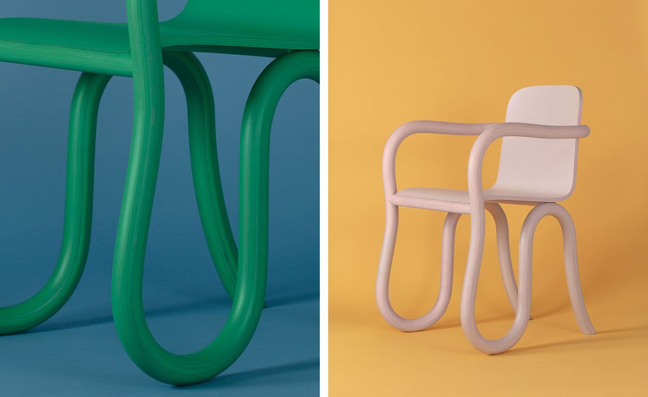 Two side-by-side photos of &#039;Kolho&#039; chairs with curved legs by Matthew Day Jackson - The first photo is a close up of a green chair against a blue background. And the second photo offers a full view of a pink chair against an orange background