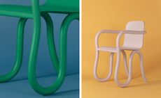 Two side-by-side photos of 'Kolho' chairs with curved legs by Matthew Day Jackson - The first photo is a close up of a green chair against a blue background. And the second photo offers a full view of a pink chair against an orange background