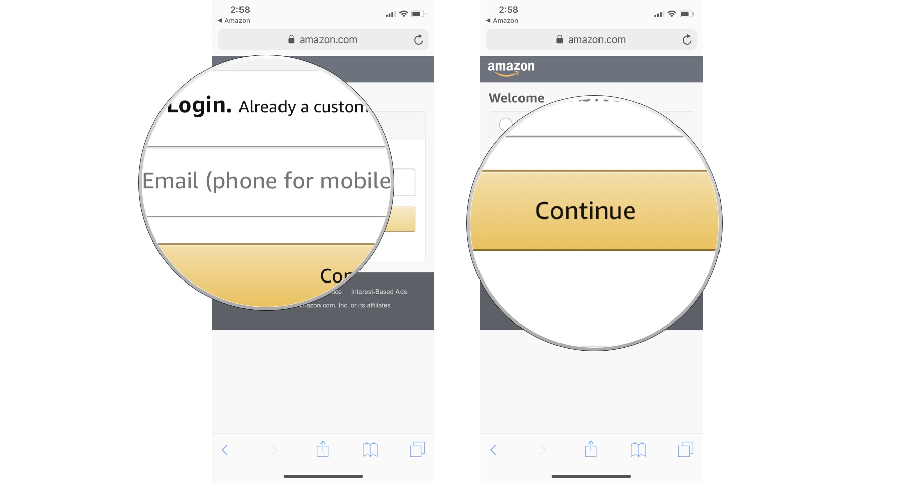 enter your email address or phone number, then tap Continue