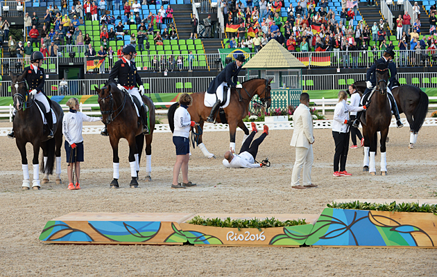 Robbie Sanderson injured during team dressage medal ceremony at the Rio Olympics