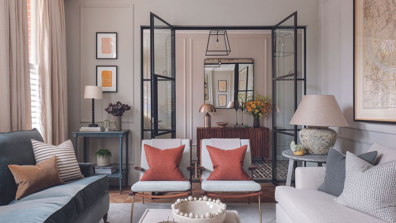 Living room looking through to entryway 