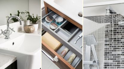 collage of three bathrooms details with a white sink, storage drawer and rain shower head in stainless steel