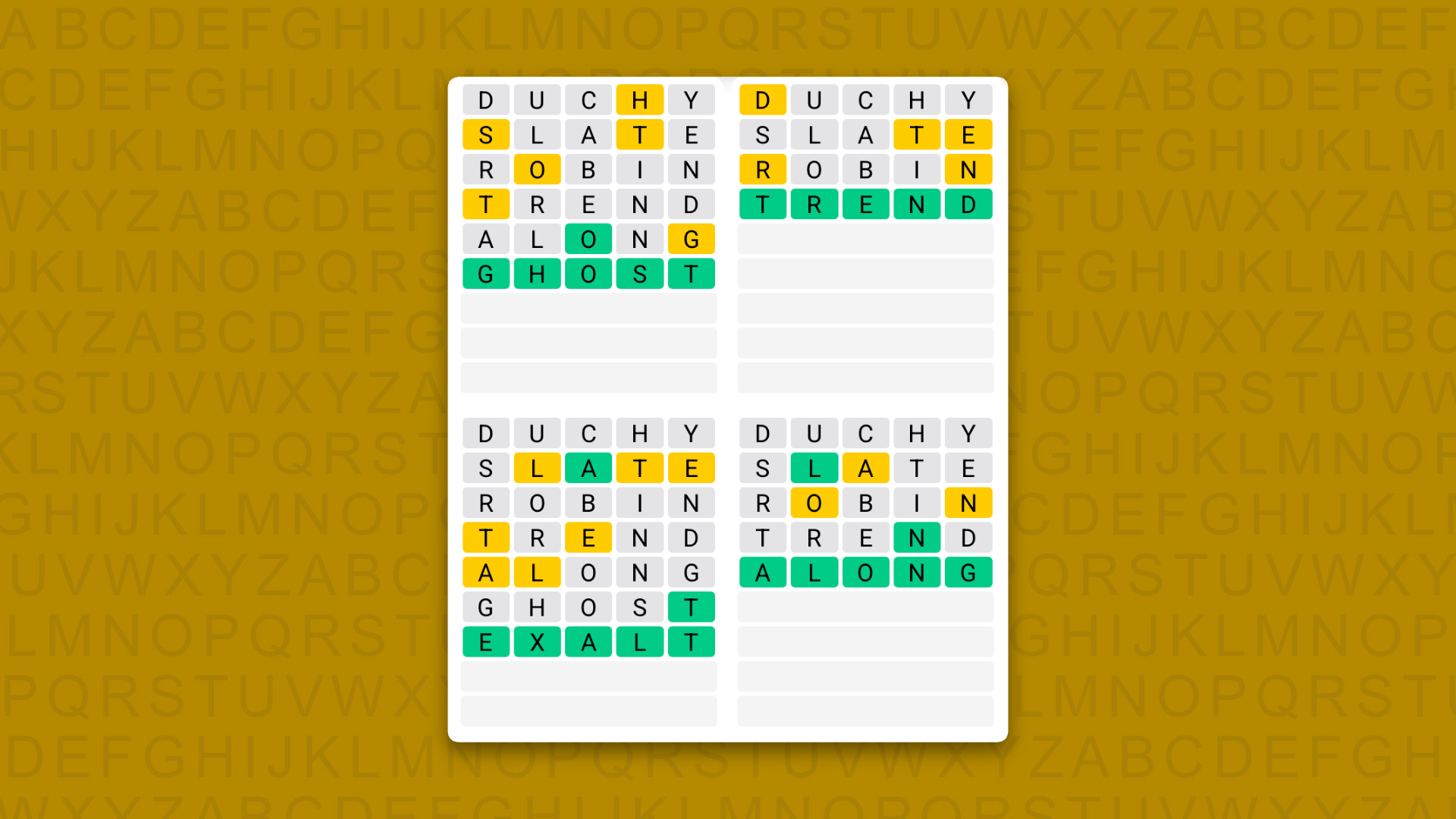 Quordle answers for game 1626 on a yellow background