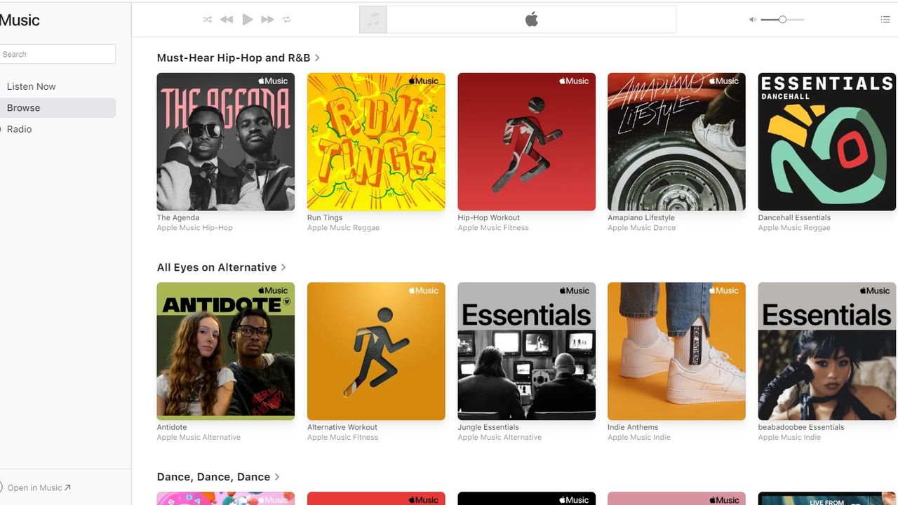 A screenshot of Apple Music running on a desktop computer. Two rows of album covers are shown, with a third just visible underneath.