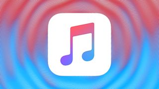 The Apple Music icon in front of an abstract blue and red background
