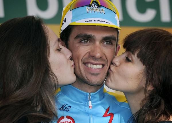 Alberto Contador (Astana) on the podium for his first win of 2010 in Portugal.
