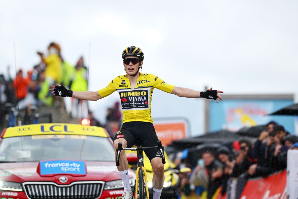 COL DE LA CROIX DE FER FRANCE JUNE 10 Jonas Vingegaard of Denmark and Team JumboVisma Yellow Leader Jersey celebrates at finish line as stage winner during the 75th Criterium du Dauphine 2023 Stage 7 a 1479km stage from PortedeSavoie to Col de la Croix de Fer 2067m UCIWT on June 10 2023 in Col de la Croix de Fer France Photo by Dario BelingheriGetty Images