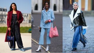 Street style influencers showing shoes to wear with wide-leg pants chunky heels