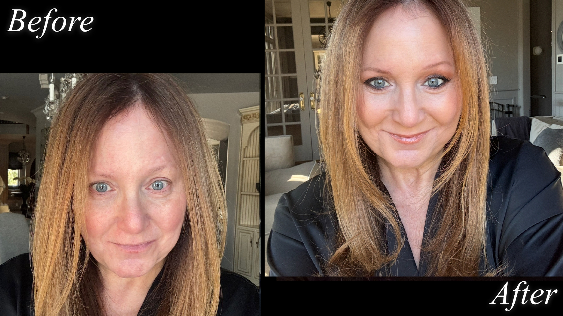 Mindy Holender before and after using SkinBetter AlphaRet Overnight Cream to smooth fine lines and bring out her glow.