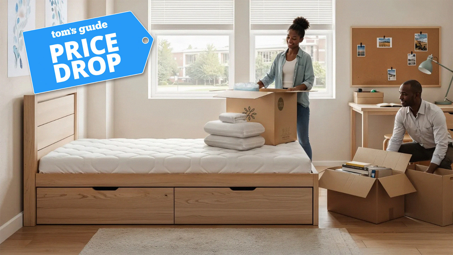 A student unpacking the Zinus Dorm 101 Ultimate Sleep Bundle in her dorm room while her father unpacks boxes, with a Tom's Guide badge overlaid saying "PRICE DROP"