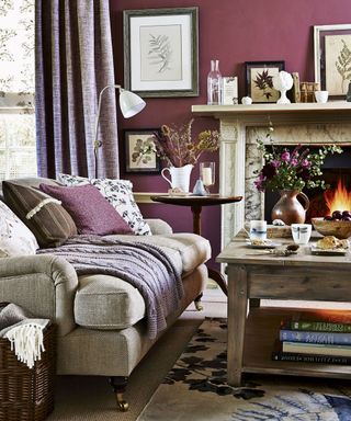 living room with fireplace and sofa set with cushion